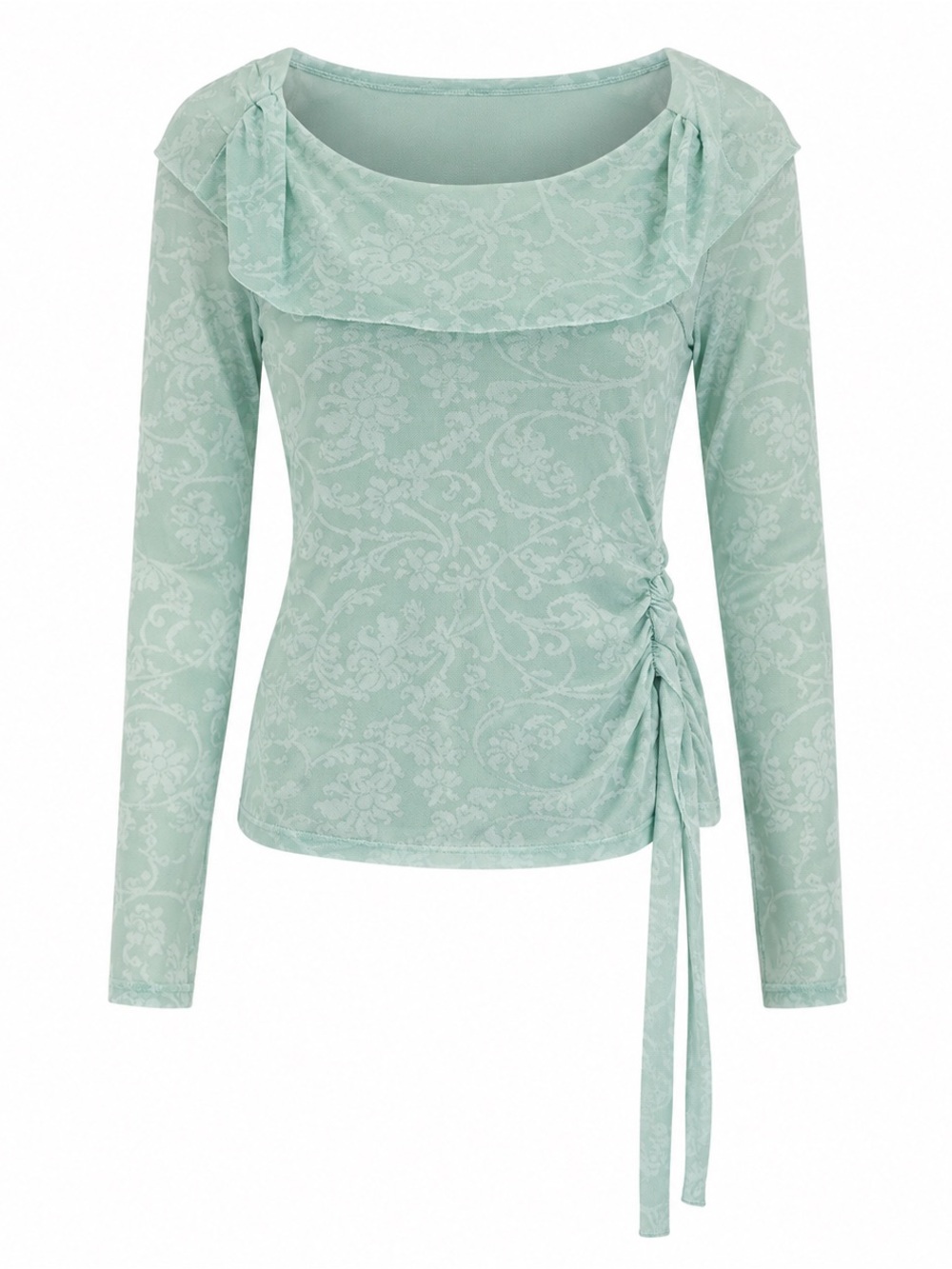 Moth Sheer Mesh Floral Top Womens Small Green Ruched Tie Long Sleeve - Picture 1 of 10